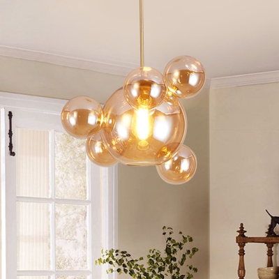 Designer Bubble Amber Glass Drop Pendant Single-Bulb Hanging Ceiling Light in Brass