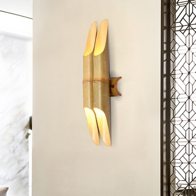 Double Bamboo Pipe Wall Lighting Ideas Asia 4 Bulbs Beige Up and Down Wall Sconce for Guest Room