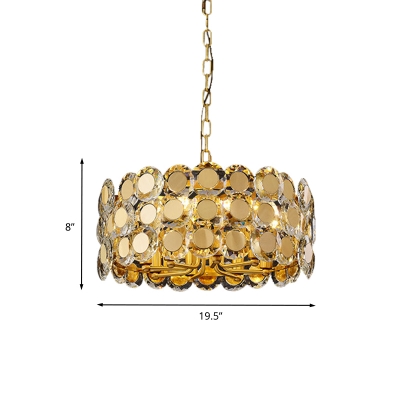 Drum Crystal Hanging Chandelier Contemporary 8 Bulbs Dining Room Ceiling Pendant Light in Brass