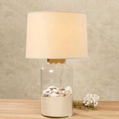 Drum Fabric Nightstand Light Rustic 1 Light Living Room Table Lighting in White with Clear Glass Jar Base