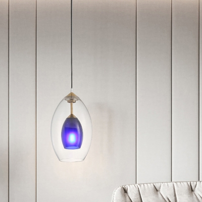 Dual Oval Clear-Blue Glass Pendant Lamp Modern 1 Light Brass LED Ceiling Suspension Light for Bedside