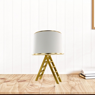 Fabric Drum Night Stand Light Modern 1 Bulb Black/White and Gold Table Lamp with Ladder Base