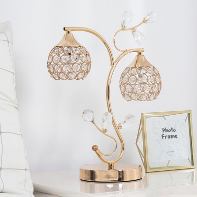 Faceted Crystal Orb Table Light Traditional 2 Heads Bedroom Night Lamp in Gold with Branch Design