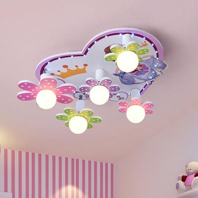 Flower Flush Mount Ceiling Light Cartoon Wood 5 Bulbs White LED Flush Lamp Fixture for Girls Room