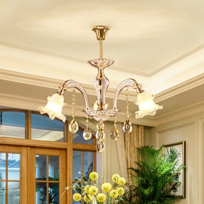 Frosted Glass Bloom Hanging Light Modern 3/6 Heads Study Chandelier in Gold with Crystal Drop