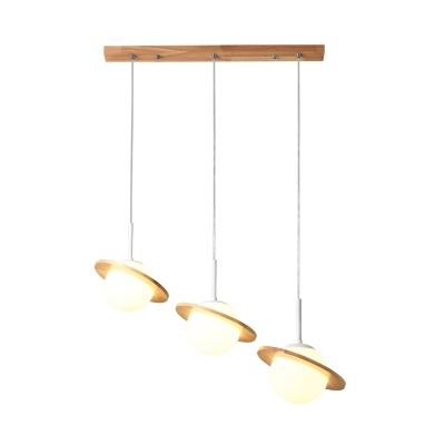 Globe Multi Light Pendant Modern Opal Glass 3 Heads Wood Hanging Lamp Kit with Ring Detail