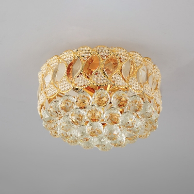 Gold Drum Flush Mount Ceiling Light Modern Crystal Orbs 3 Lights Bedroom Flush Mounted Lamp