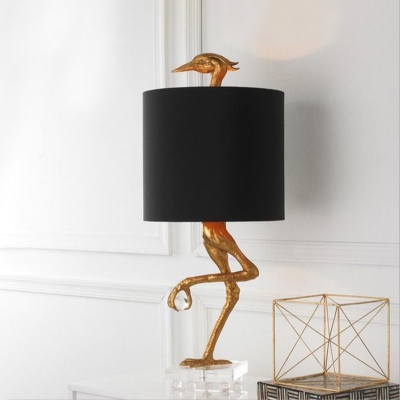 Gold Ostrich Table Lighting Retro Resin 1 Light Bedroom Night Lamp with Cylinder Fabric Shade
