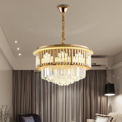 LED Hanging Chandelier Antique Tiered Round Crystal Block Suspension Light in Gold