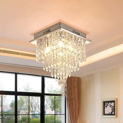 LED Layered Square Flush Mount Modern Chrome K9 Crystal Close to Ceiling Lighting Fixture