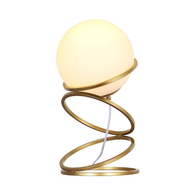 Loop Night Table Light Postmodern Metallic 1-Light Bedside Night Lamp in Gold with Orb Cream Glass Shade