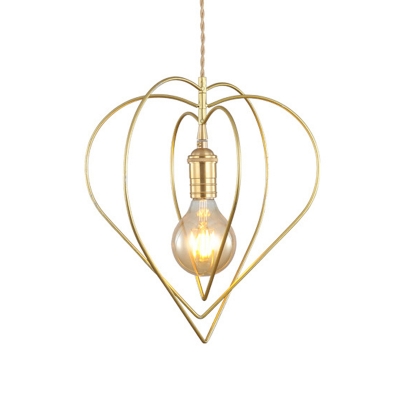 Loving Heart Frame Pendulum Light Nordic Metal 1-Bulb Gold Finish Hanging Ceiling Lamp