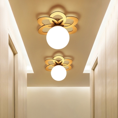 Modern Orb Flush Light Fixture White Frosted Glass 1 Light Corridor Flush Mounted Lamp with Gold Flower Canopy