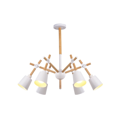 Nordic Spider Design Wood Chandelier 6 Heads Hanging Light in Black/White with Adjustable Horn Shade