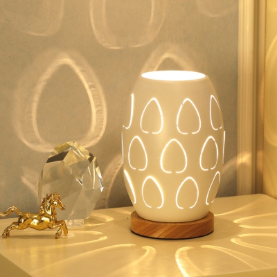 Oval Bedroom Night Table Lamp Metal 1 Light Contemporary Nightstand Lamp in White with Hollow Out Design