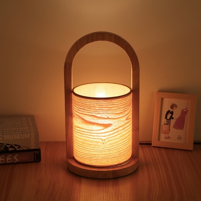 Oval Ring Night Table Light Simple Wood 1 Light Bedroom Night Lamp with Cylinder Shade