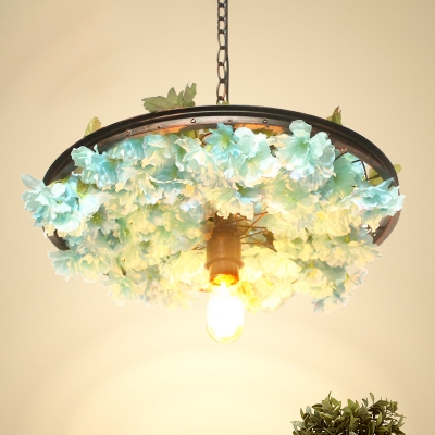 Pink/Blue Flower Suspension Lamp Factory Iron 1 Light Living Room Ceiling Hang Fixture with Wheel Design, 8.5