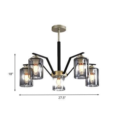 Post Modern Cylinder Chandelier Light Gradient Smoke Gray Glass 5/6 Bulbs Bedroom Suspension Lamp in Black and Gold