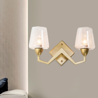 Postmodern Curving Arm Wall Light Metal 2 Heads Living Room Sconce Lighting in Brass with Cone Clear/Smoke Glass Lampshade