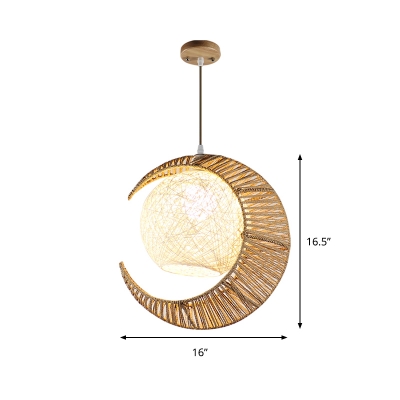 Rattan Crescent and Dome Pendant Lighting Asian 1 Bulb Flaxen Hanging Lamp for Terrace