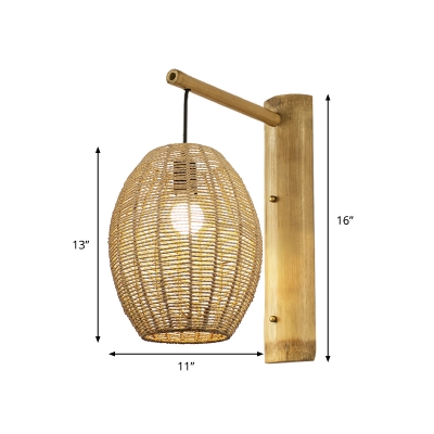 Rattan Ellipsoid Wall Hanging Light Chinese Style 1 Bulb Flaxen Wall Mounted Lamp for Living Room