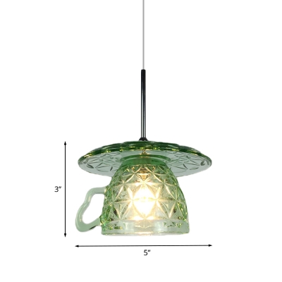 Saucer and Cup Pendant Light Kit Designer Green Textured Glass 1 Bulb Restaurant Suspension Lamp