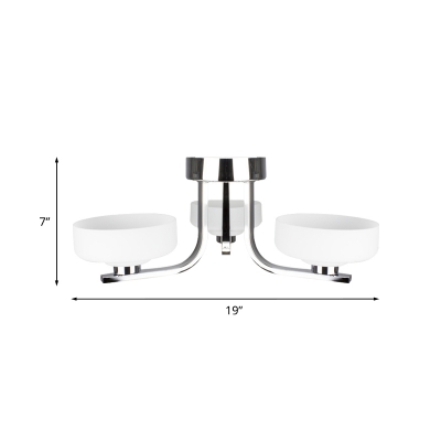 Shallow Bowl Semi Mount Lighting Simplicity White Glass 3 Heads Living Room Ceiling Flush Light with Chrome Curved Arm