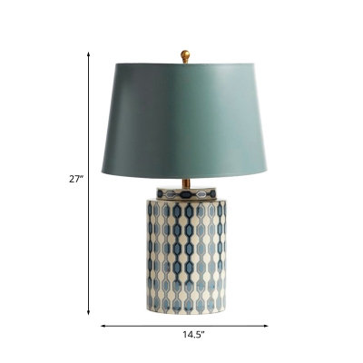 Tapered Shade Parlor Table Lamp Rural Ceramic Single Green Night Stand Light with Quatrefoil Element