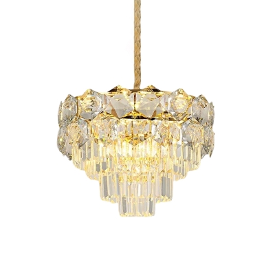 Tiered Crystal Prism Chandelier Lamp Vintage 8/11-Light Hotel Ceiling Pendant Light in Gold