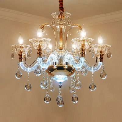Traditional Bent Arm Ceiling Chandelier 6-Bulb Clear Crystal Glass Candlestick Hanging Ceiling Light