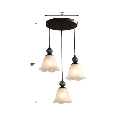 Vintage Floral Multi Light Pendant 3 Lights Ribbed Glass Hanging Ceiling Lamp in Black with Linear/Round Canopy