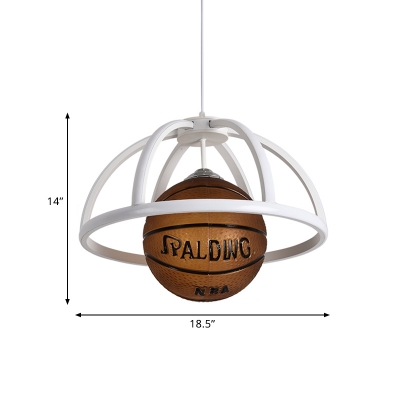 White Dome Cage Ceiling Pendant Kid Acrylic LED Hanging Lamp with Basketball Drop, Warm/White Light