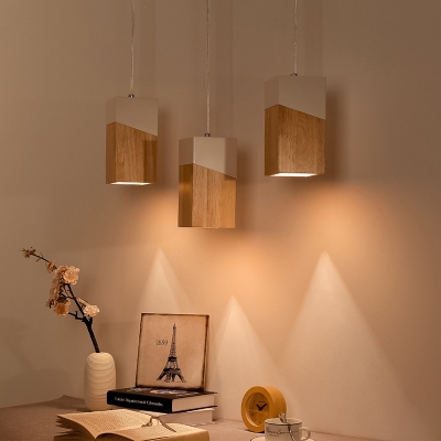 Wood Cluster Rectangle Pendant Nordic 3 Bulbs Beige-White Suspended Lighting Fixture over Table