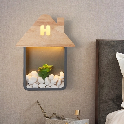 Wood House Shaped Sconce Lamp Fixture Macaron LED Wall Mount Lighting in Grey/White/Green without Stone and Plant