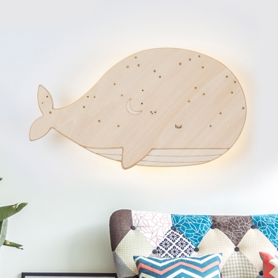 Wood Whale Shape Wall Sconce Lighting Cartoon LED Wall Mounted Lamp Fixture, Left/Right