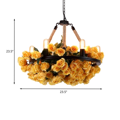 Yellow Rose Chandelier Pendant Lodge Metal 6 Heads Bistro Ceiling Hanging Light with Open Bulb Design
