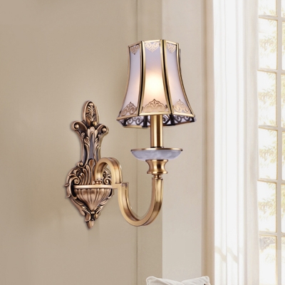 1/2-Bulb Wall Mount Lamp Traditional Flare Frosted Glass Sconce Light Fixture in Brass