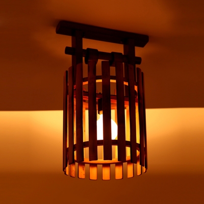 1/2-Light Wood Semi Flush Ceiling Light Rural Style Brown Finish Oval/Cylinder Lighting Fixture