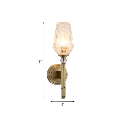 1 Bulb Bedside Wall Light Sconce Post Modern Brass Finish Wall Mounted Lamp with Cup Clear Ribbed Glass Shade