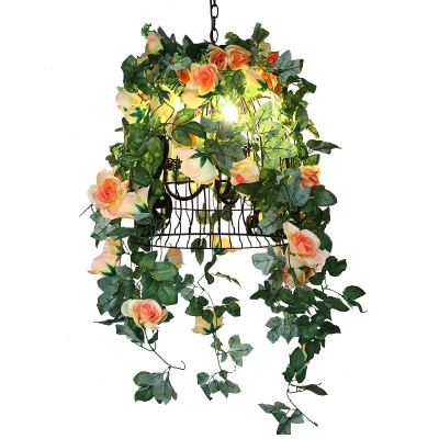 1 Bulb Bell Cage Pendant Light Warehouse Black Iron Suspension Lamp with Artificial Rose Decor