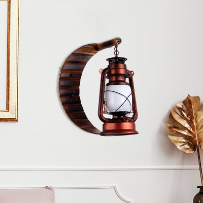 1 Head Sconce Light Factory Kerosene Cream Glass Wall Lighting in Copper with Moon-Shaped Bamboo Backplate