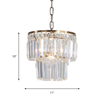 1-Light 2 Tiers Hanging Lamp Traditional Gold Crystal Prism Pendant Lighting Fixture