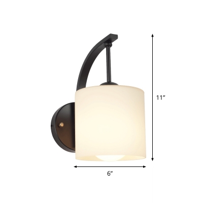 1 Light Indoor Wall Lighting Modernism Black Finish Wall Mount Lamp with Cylinder Opal Glass Shade