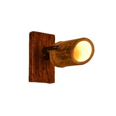 2/3 Lighting Wall Hanging Light Retro Style Tubular Bamboo Wall Sconce Lighting in Brown with Wood Linear Backplate