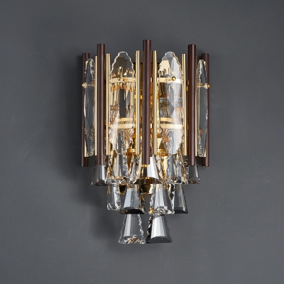 2 Lights Wall Sconce Vintage Half Drum K9 Crystal Wall Mounted Lamp with Cone Drops in Black-Gold