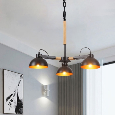 3/5/6-Light Dome Hanging Chandelier Farmhouse Black and Wood Metal Pendulum Lamp for Living Room