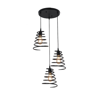 3-Bulb Spiral Cage Multi Ceiling Light Industrial Black Finish Iron Hanging Lamp Kit with Round/Linear Canopy