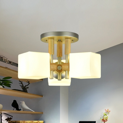 3 Heads Bedroom Semi Flush Modernist Wood Close to Ceiling Lighting with Cube White Glass Shade