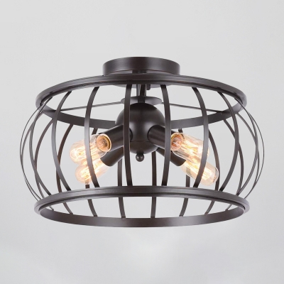 4 Heads Semi Flush Light Fixture Industrial-Style Drum Cage Metal Flush Mount Lamp in Black