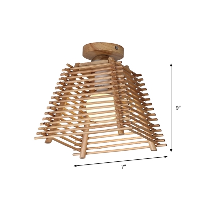 4-Side Pyramid Bamboo Strip Flushmount Asian 1 Head Wood Semi Flush Ceiling Light for Corridor